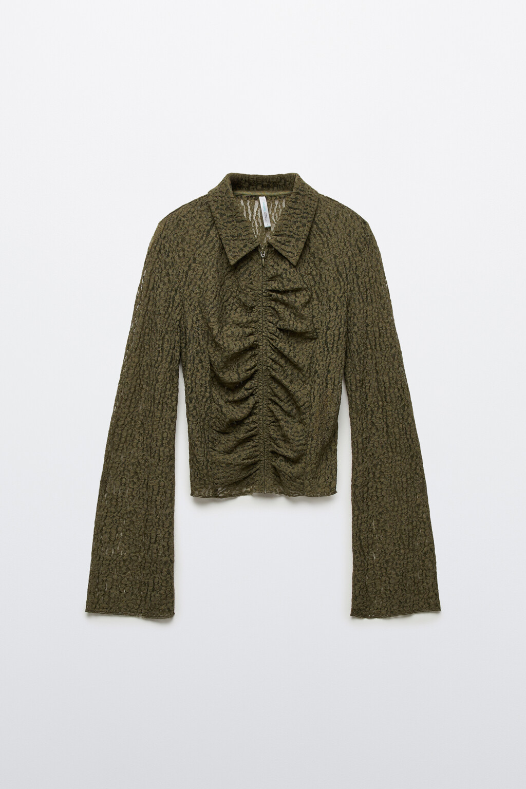 Блузка приталенная с кружевом и драпировками - цвет зеленый - 1