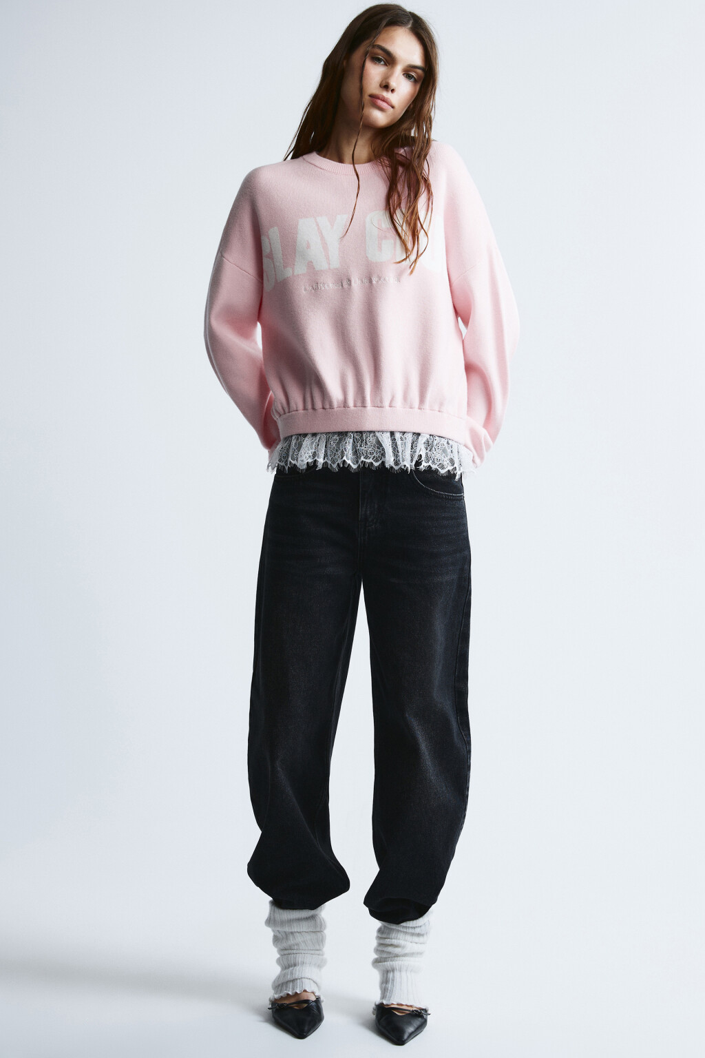 Джемпер вязаный с надписью и кружевом - цвет розовый - 2