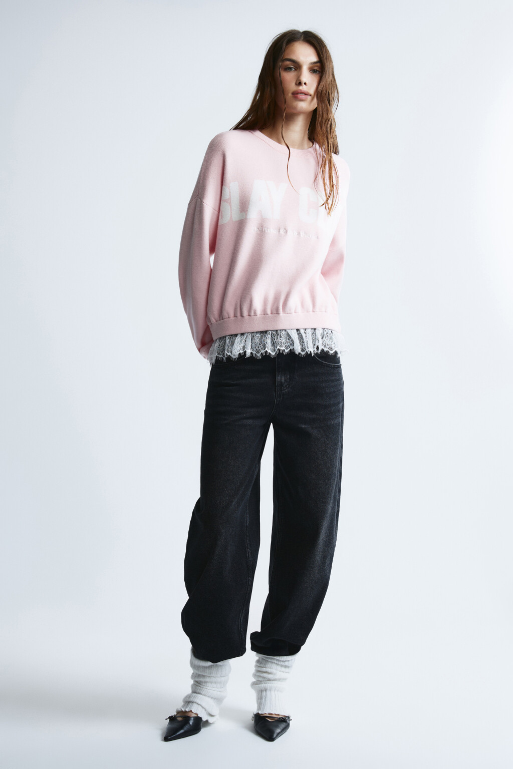 Джемпер вязаный с надписью и кружевом - цвет розовый - 5