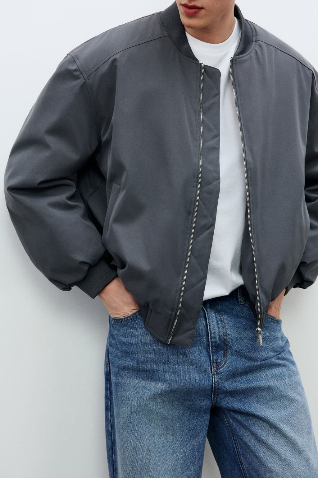 Куртка-бомбер свободная с трикотажным воротником - цвет серый - 1