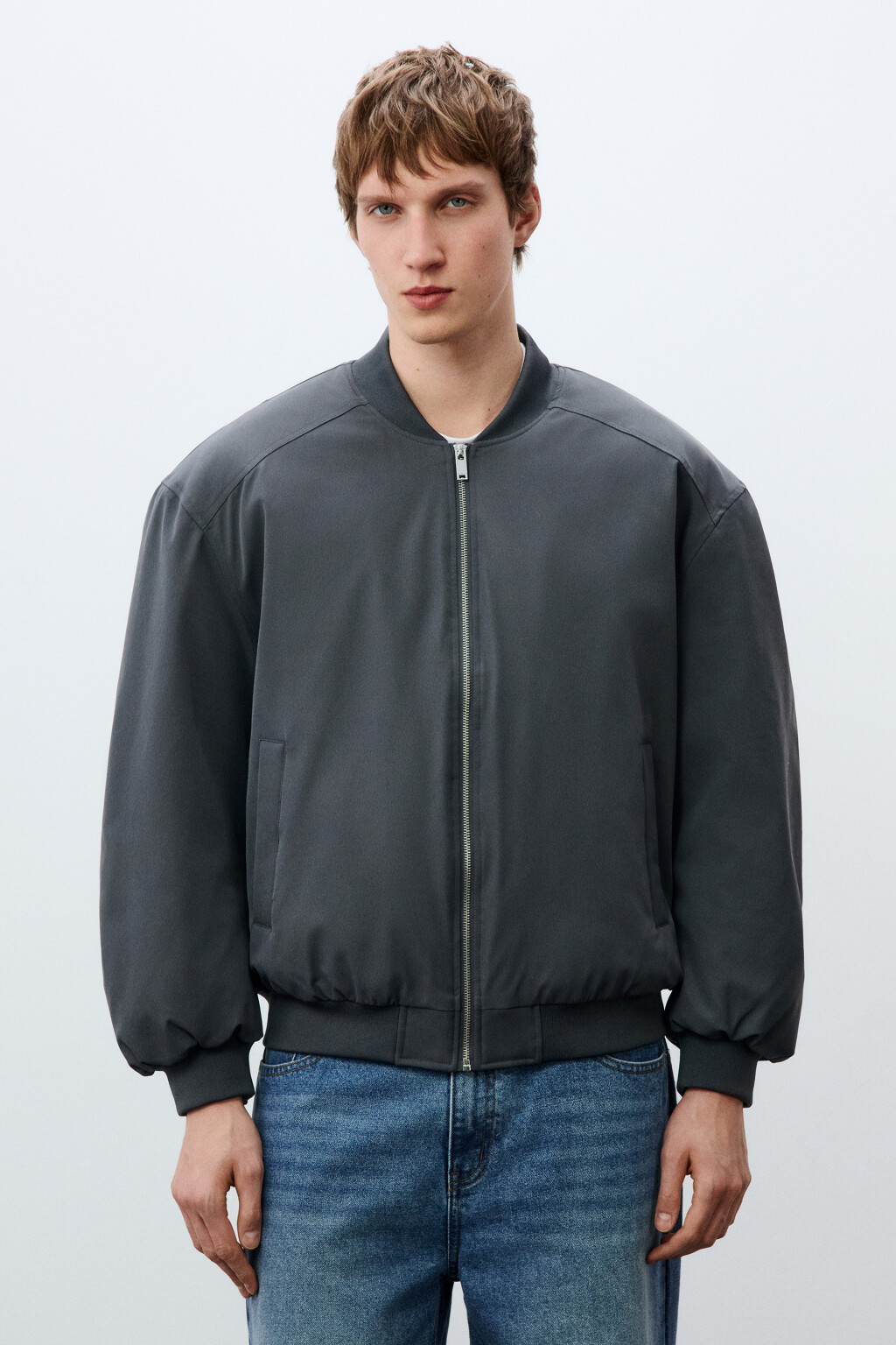 Куртка-бомбер свободная с трикотажным воротником - цвет серый - 3
