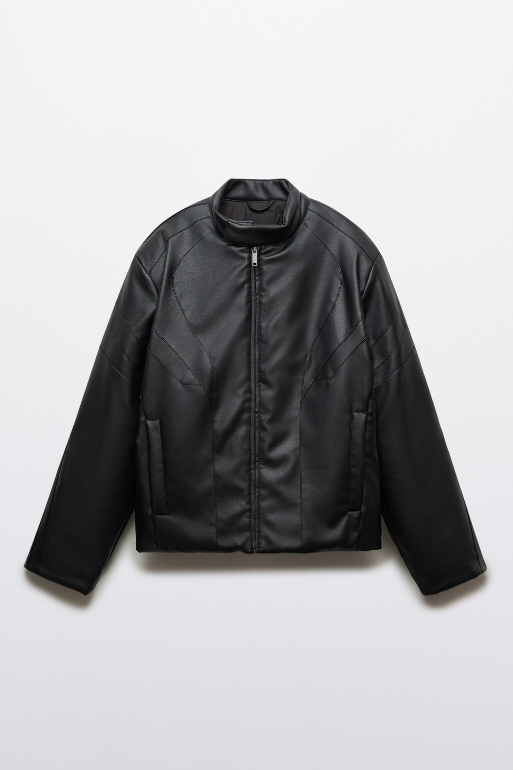 Куртка стеганая с кожаной фактурой без капюшона - цвет черный - 1