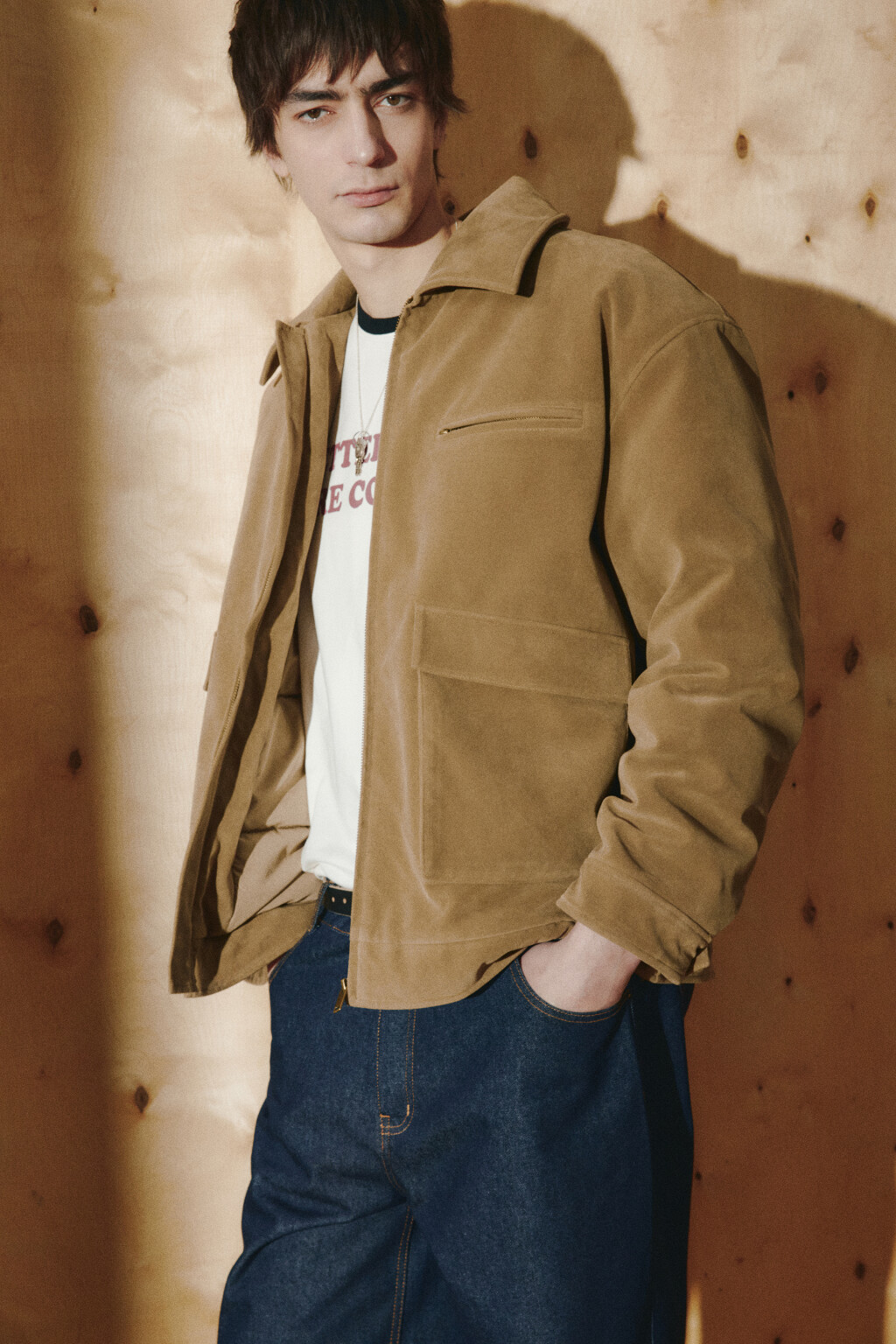 Куртка с замшевой фактурой без капюшона - цвет коричневый - 1