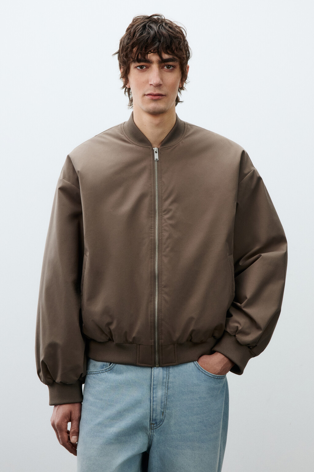 Куртка-бомбер свободная с трикотажным воротником - цвет коричневый - 2