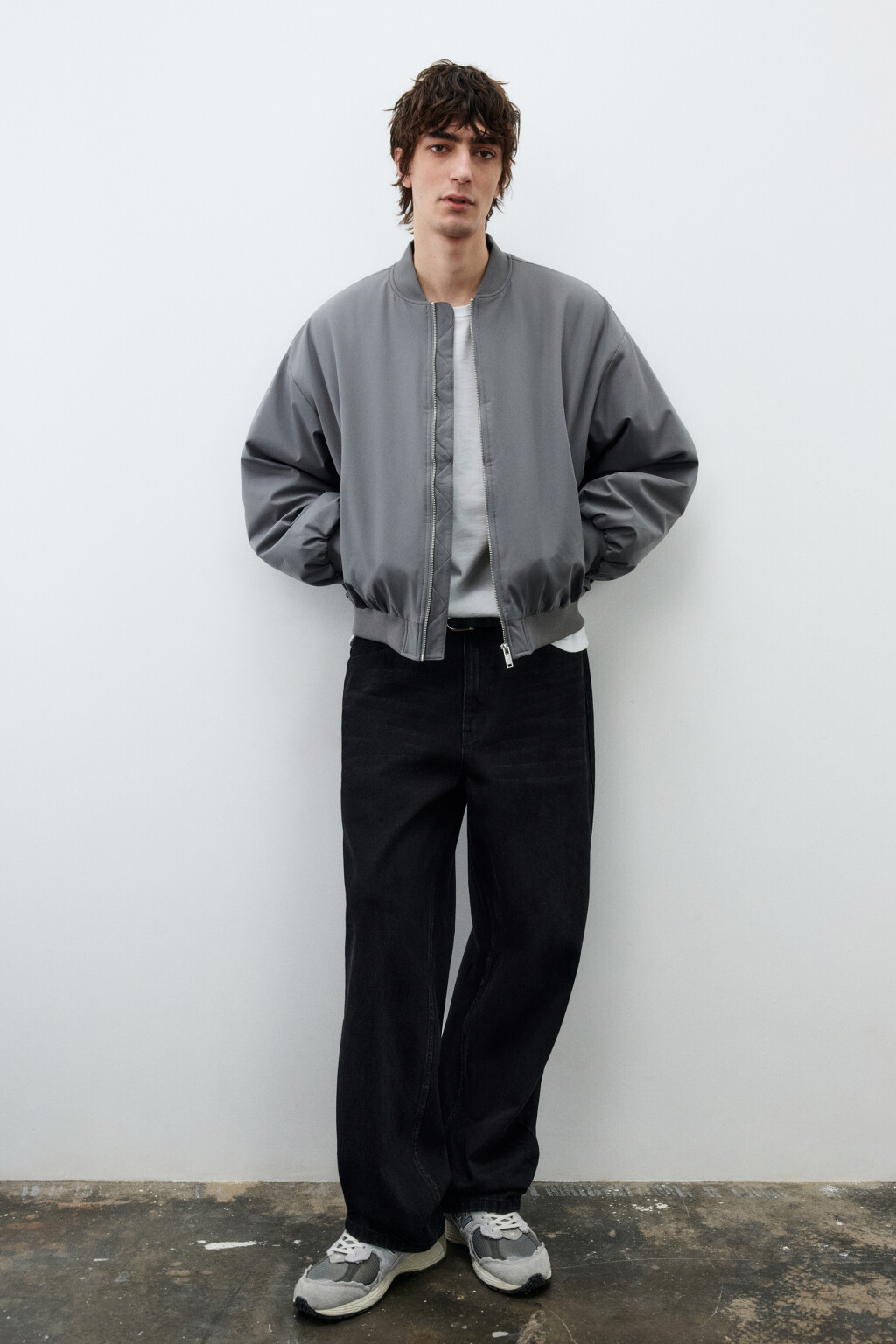 Куртка-бомбер свободная с трикотажным воротником - цвет серый - 1