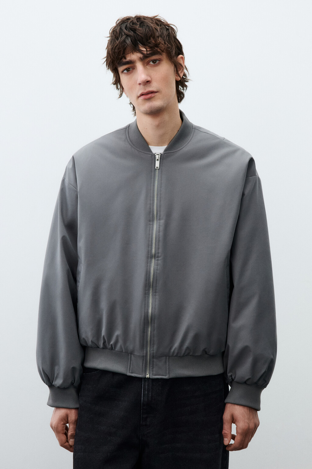 Куртка-бомбер свободная с трикотажным воротником - цвет серый - 3