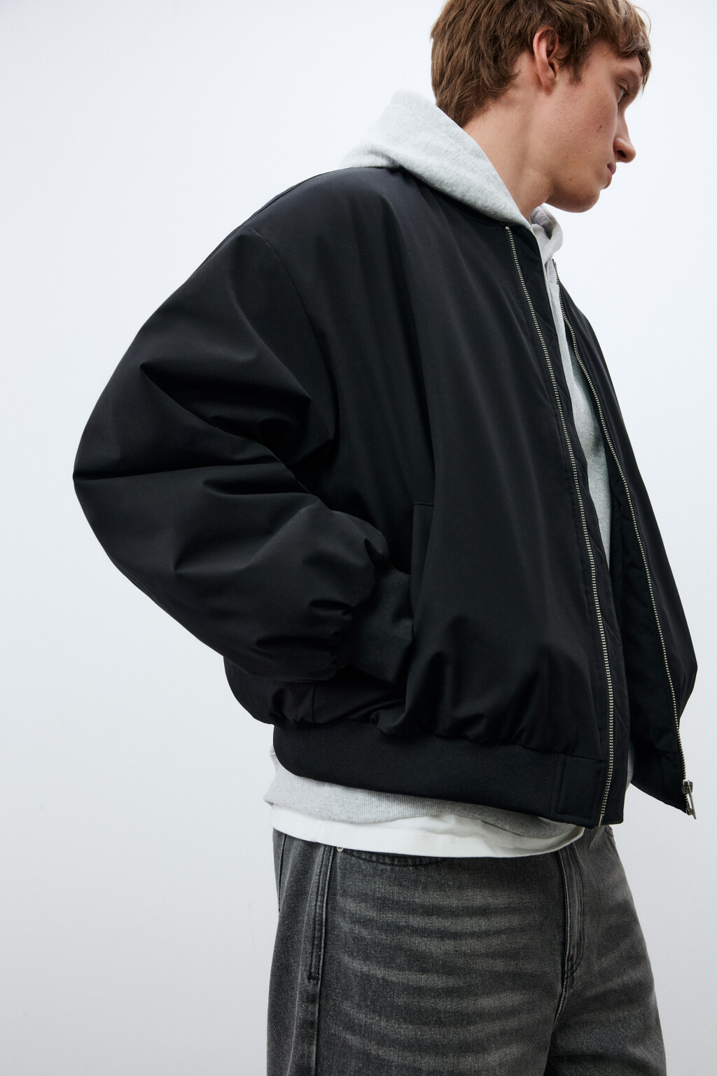 Куртка-бомбер свободная с трикотажным воротником - цвет черный - 1
