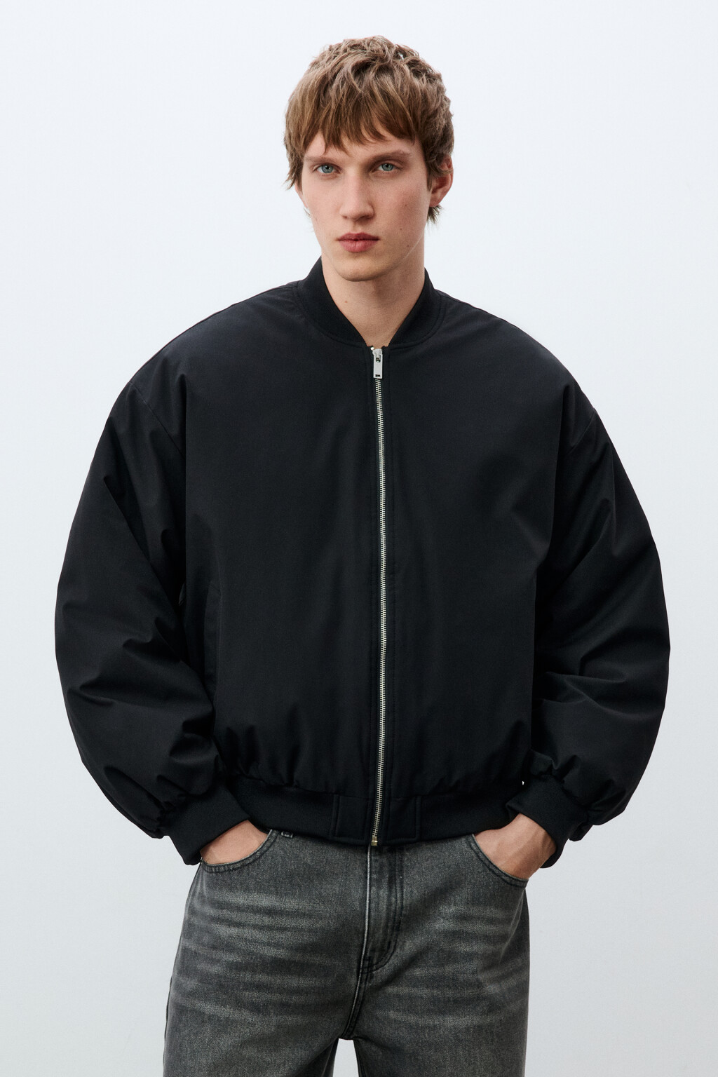 Куртка-бомбер свободная с трикотажным воротником - цвет черный - 2