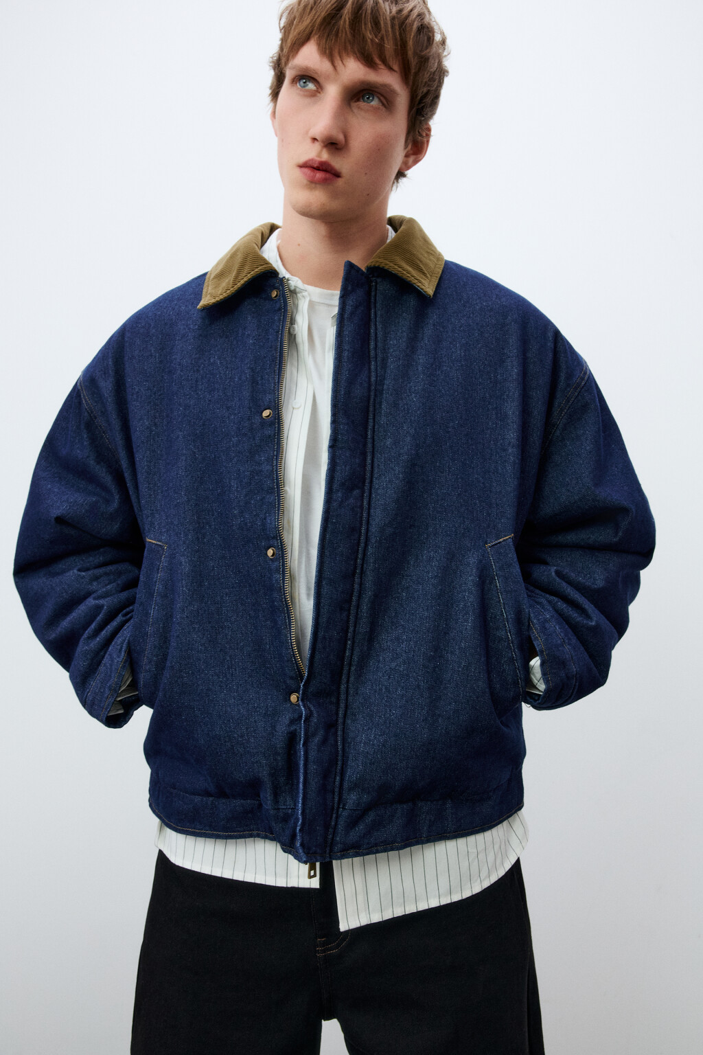Куртка-бомбер джинсовая с отложным воротником - цвет синий - 1