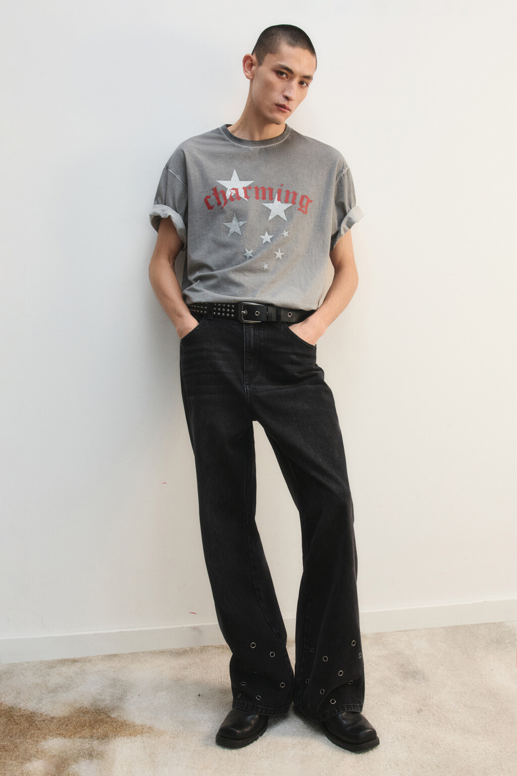 Джинсы клеш с люверсами - цвет серый - 2