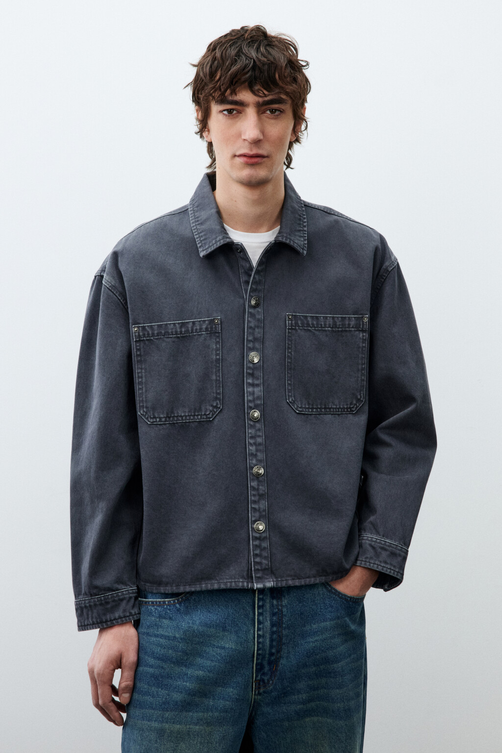 Рубашка-овершот джинсовая с карманами - цвет серый - 3