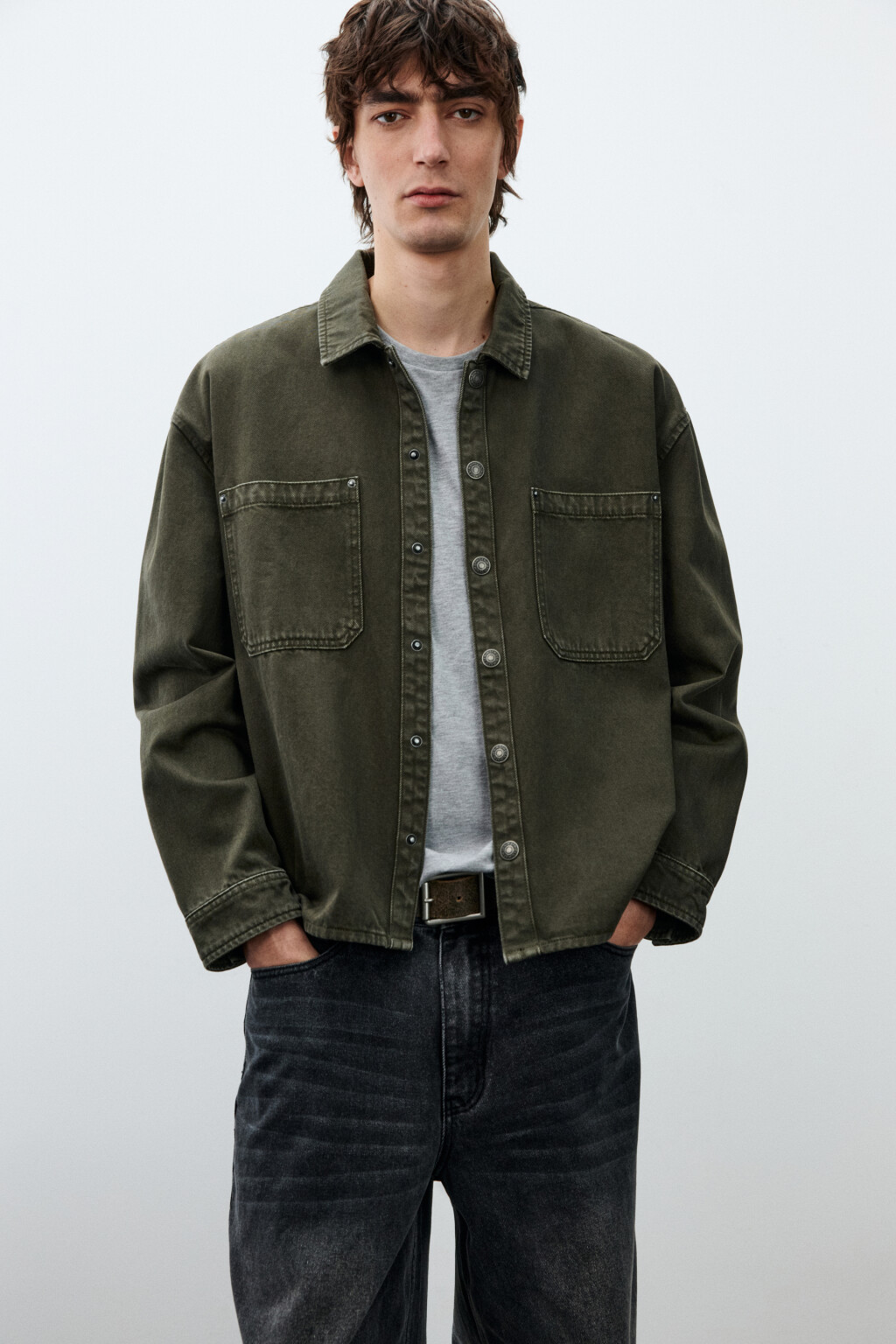 Рубашка-овершот джинсовая с карманами - цвет зеленый - 2