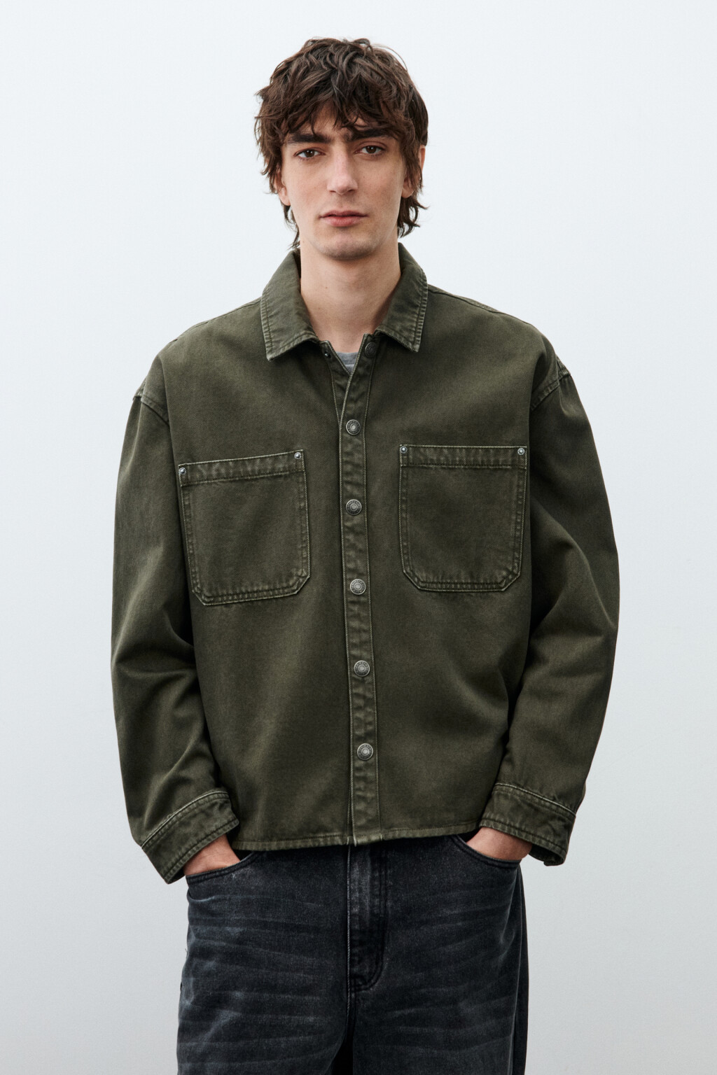 Рубашка-овершот джинсовая с карманами - цвет зеленый - 3