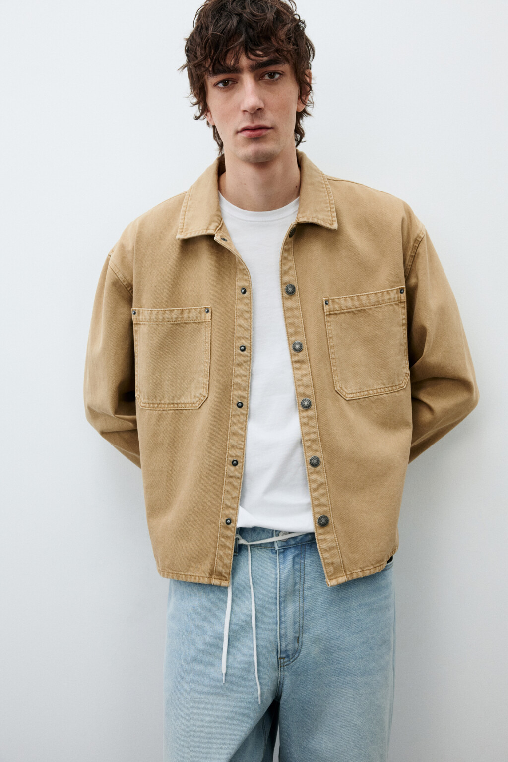 Рубашка-овершот джинсовая с карманами - цвет бежевый - 1