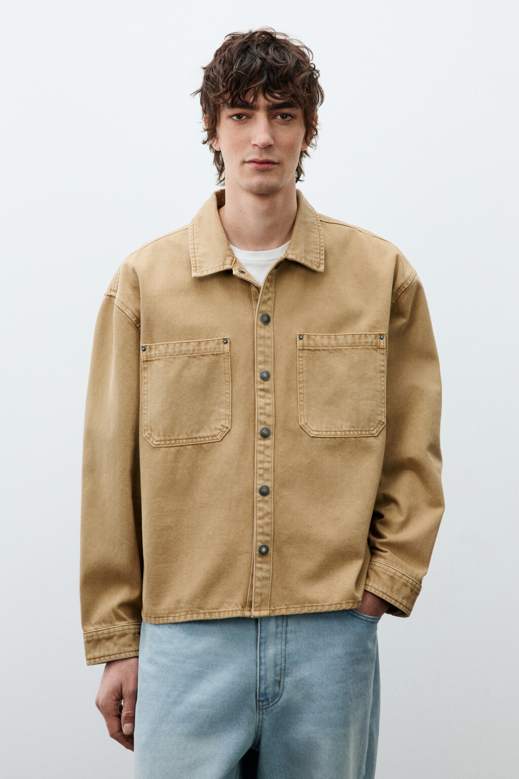 Рубашка-овершот джинсовая с карманами - цвет бежевый - 3
