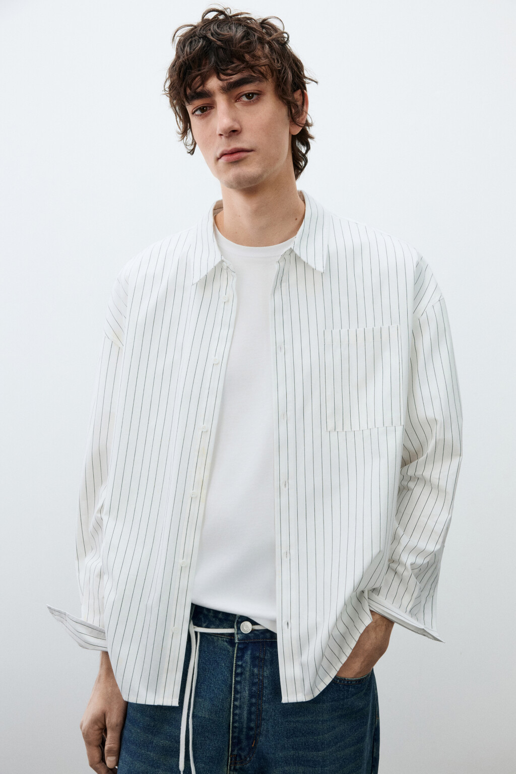 Рубашка хлопковая в полоску - цвет белый - 1