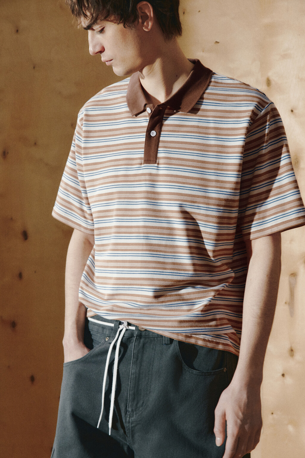 Футболка-поло свободная в полоску - цвет бежевый - 2