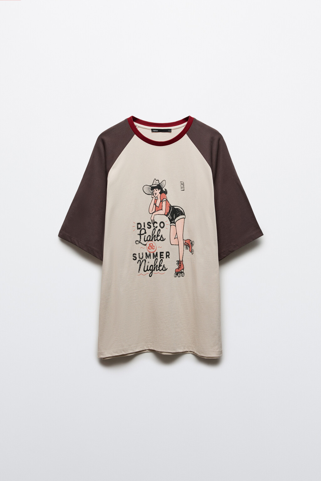 Футболка хлопковая с принтом и контрастными рукавами - цвет бежевый - 1