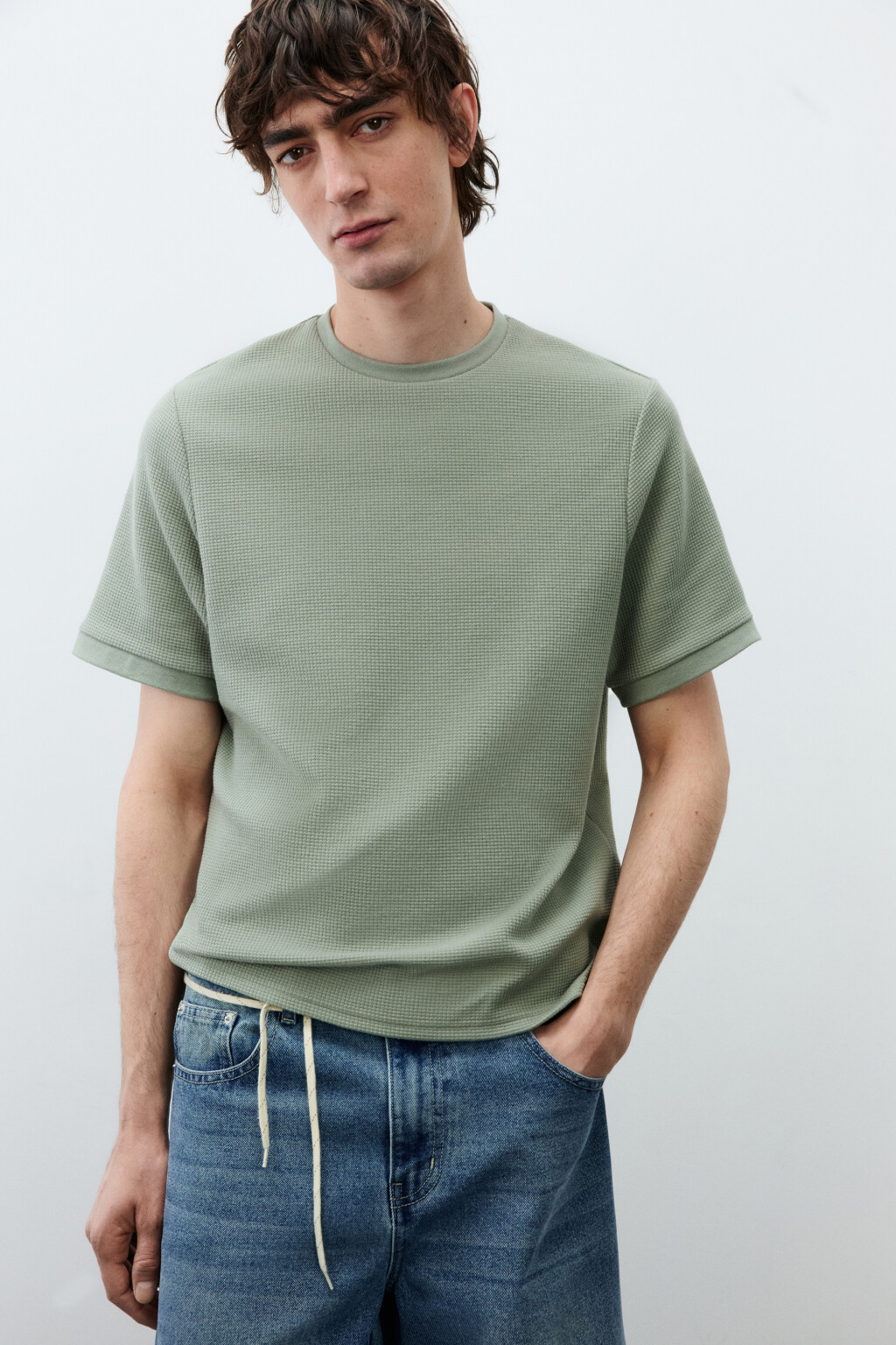 Футболка прямая с вафельной фактурой - цвет зеленый - 1
