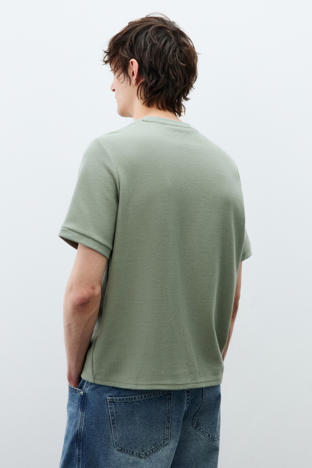 Футболка прямая с вафельной фактурой - цвет зеленый - 3