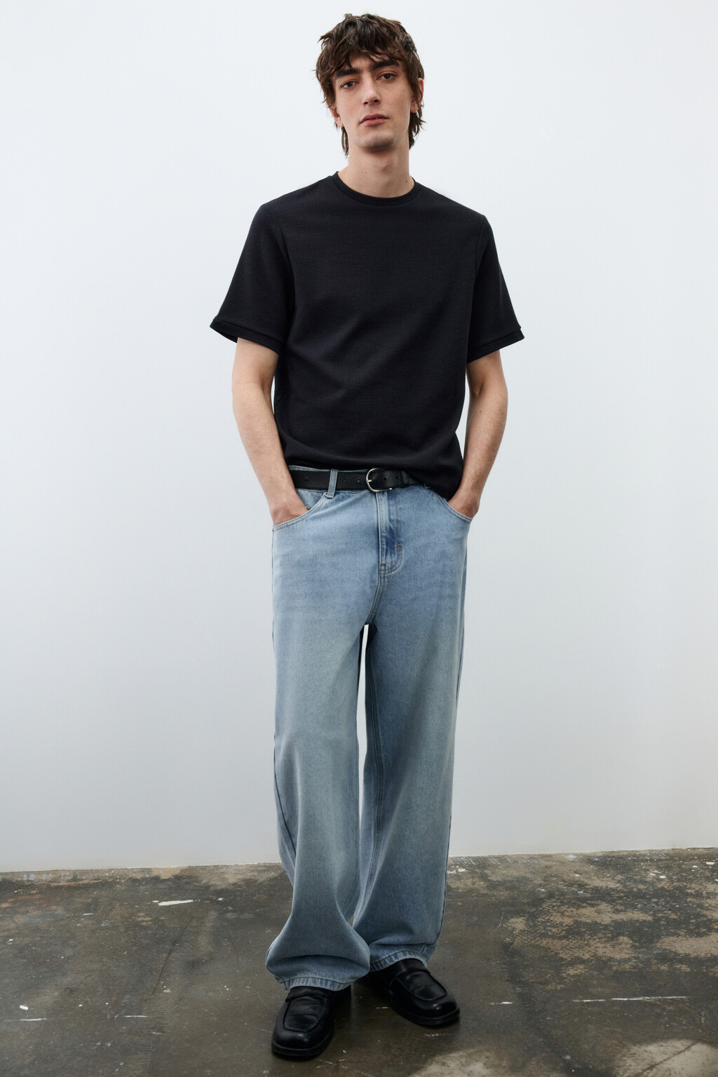 Футболка прямая с вафельной фактурой - цвет черный - 1