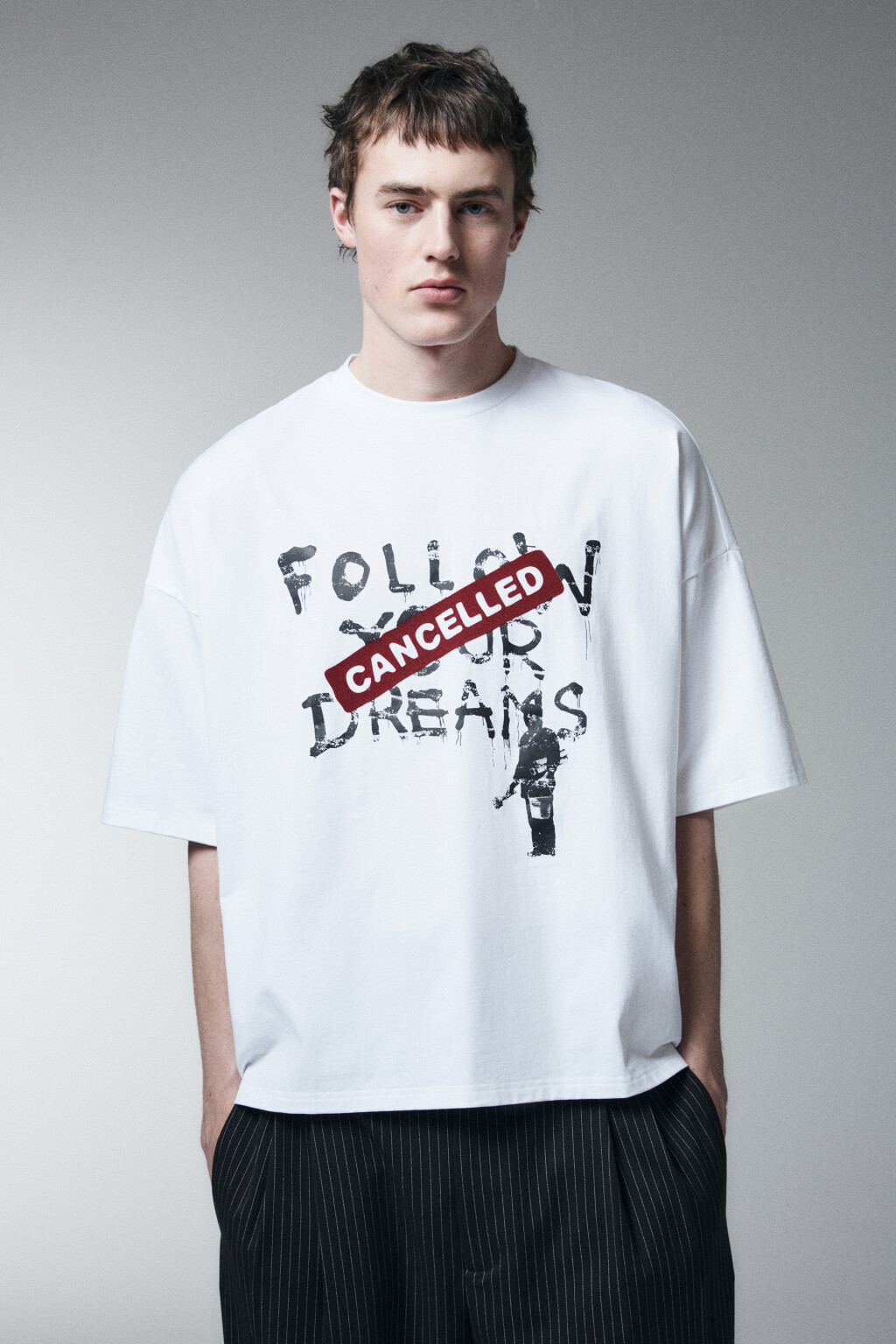 Футболка хлопковая оверсайз с принтом - цвет белый - 3