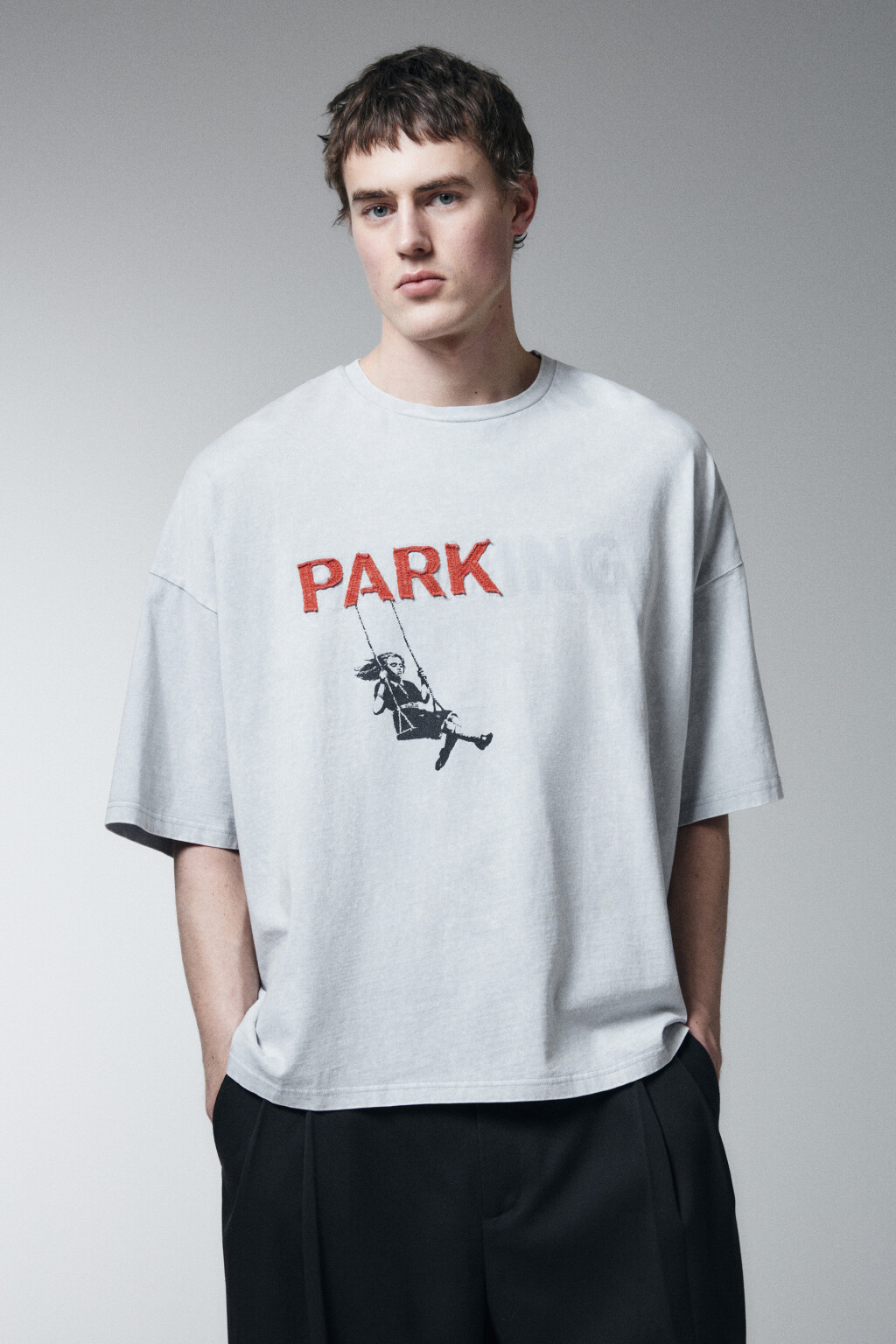 Футболка хлопковая оверсайз с принтом - цвет серый - 3