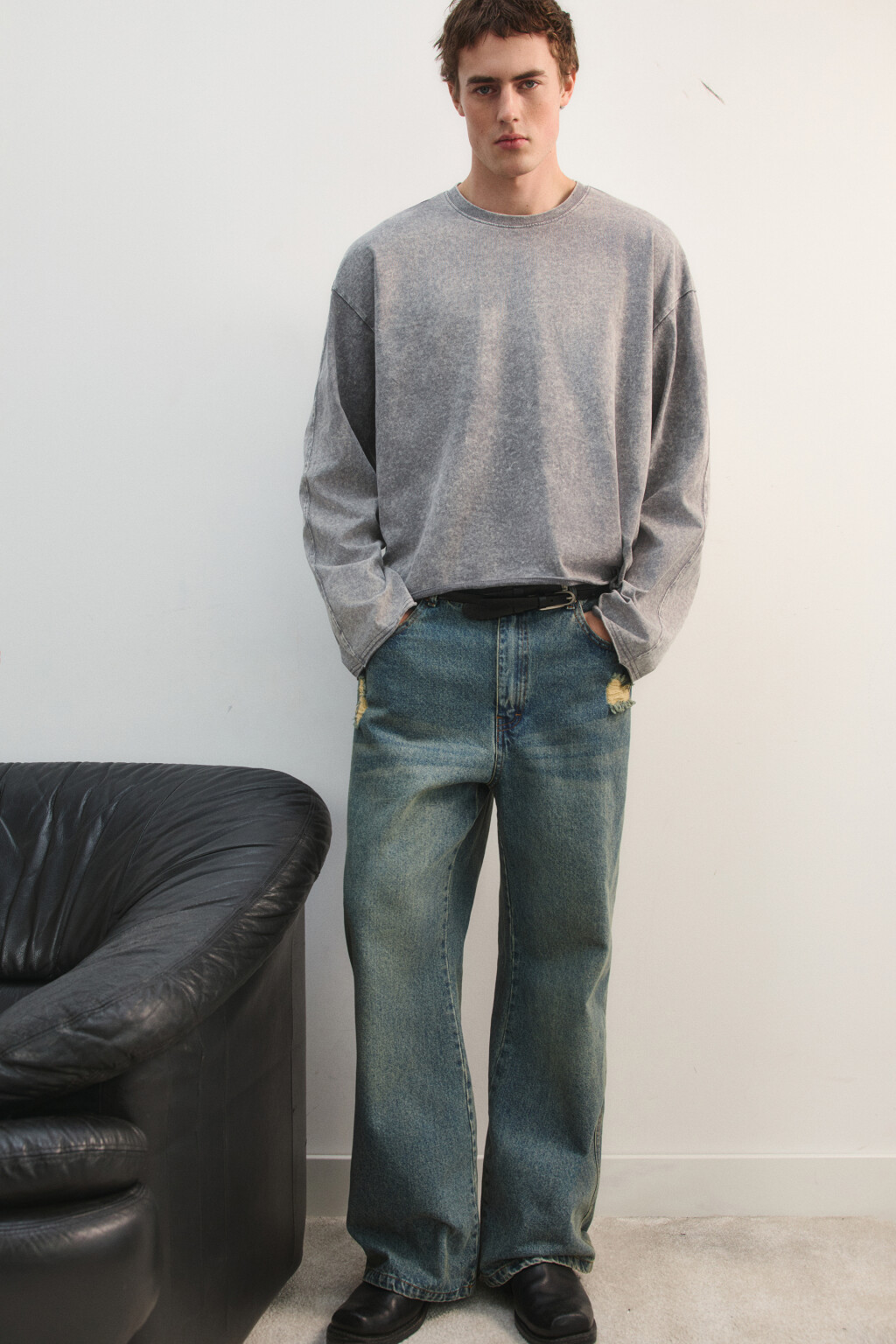 Лонгслив базовый удлиненный из хлопка - цвет серый - 2