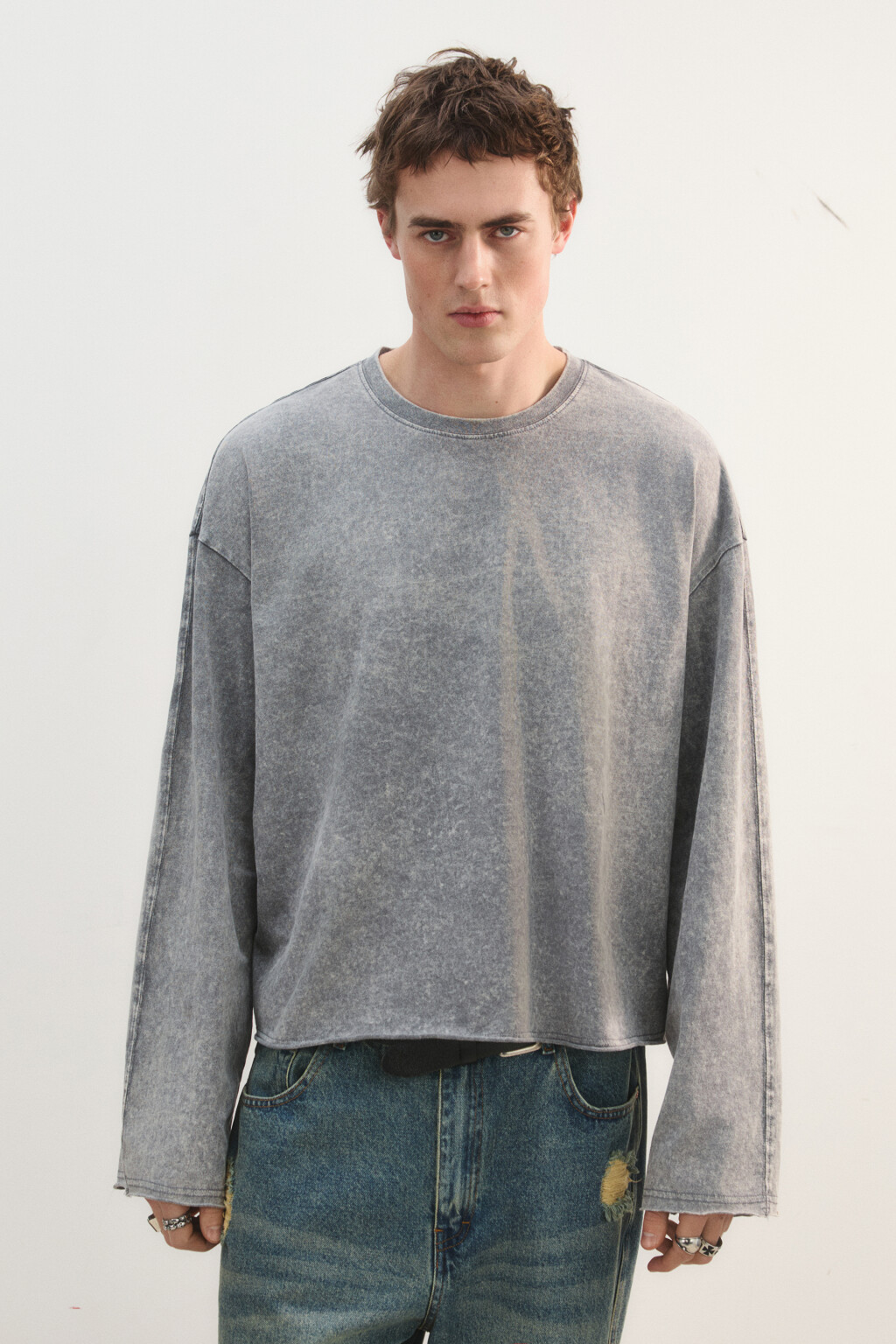 Лонгслив базовый удлиненный из хлопка - цвет серый - 3