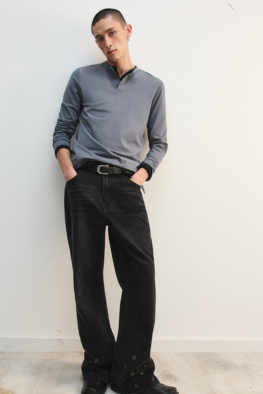 Лонгслив хенли приталенный - цвет серый - 2