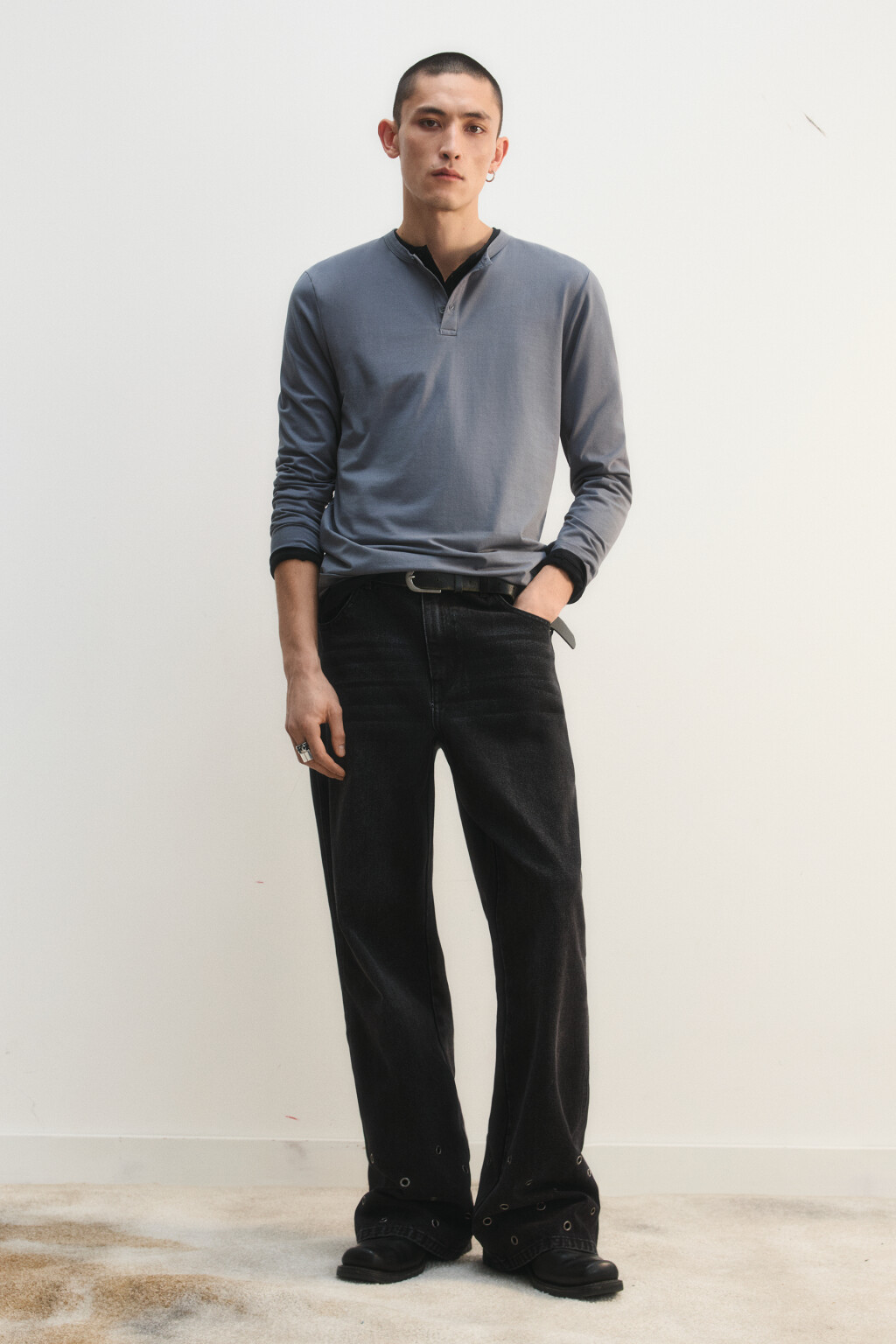 Лонгслив хенли приталенный - цвет серый - 5