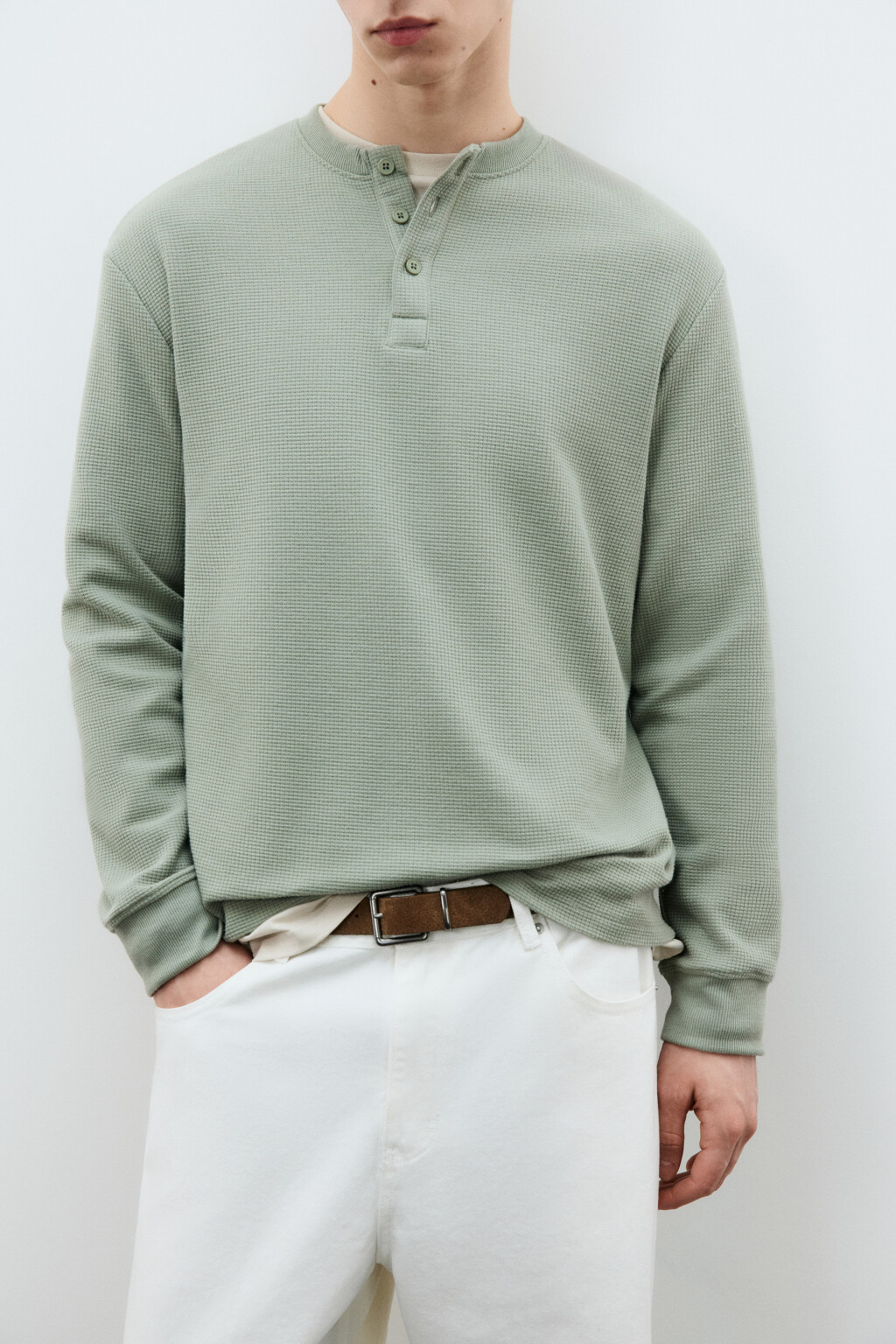 Лонгслив хенли трикотажный на пуговицах - цвет зеленый - 1