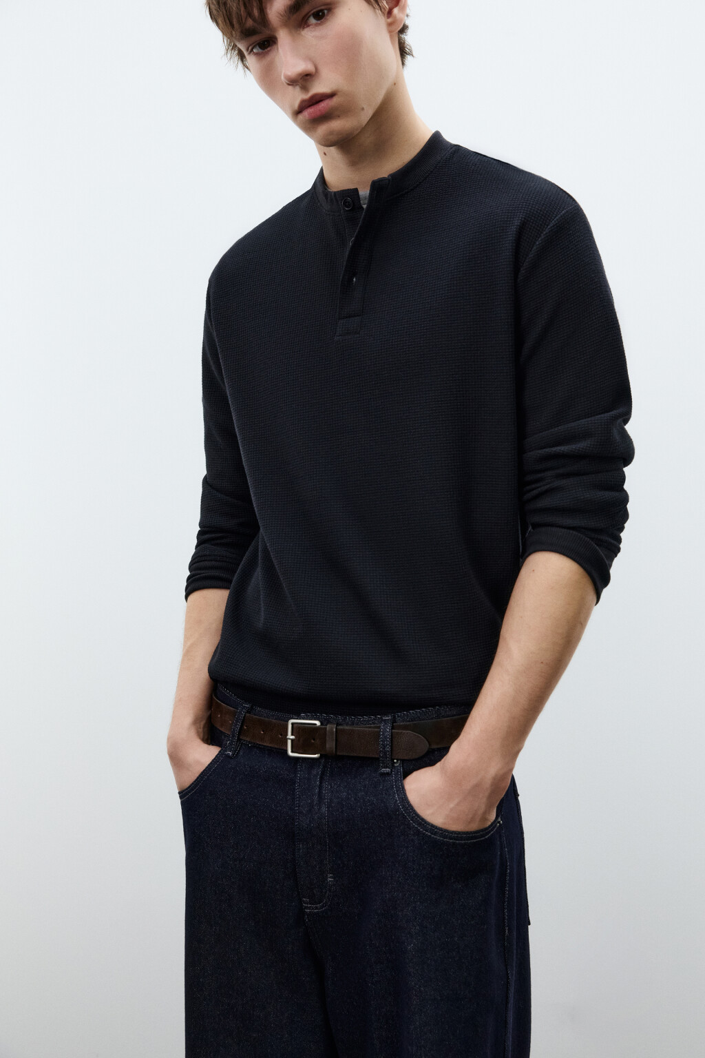 Лонгслив хенли трикотажный на пуговицах - цвет черный - 1
