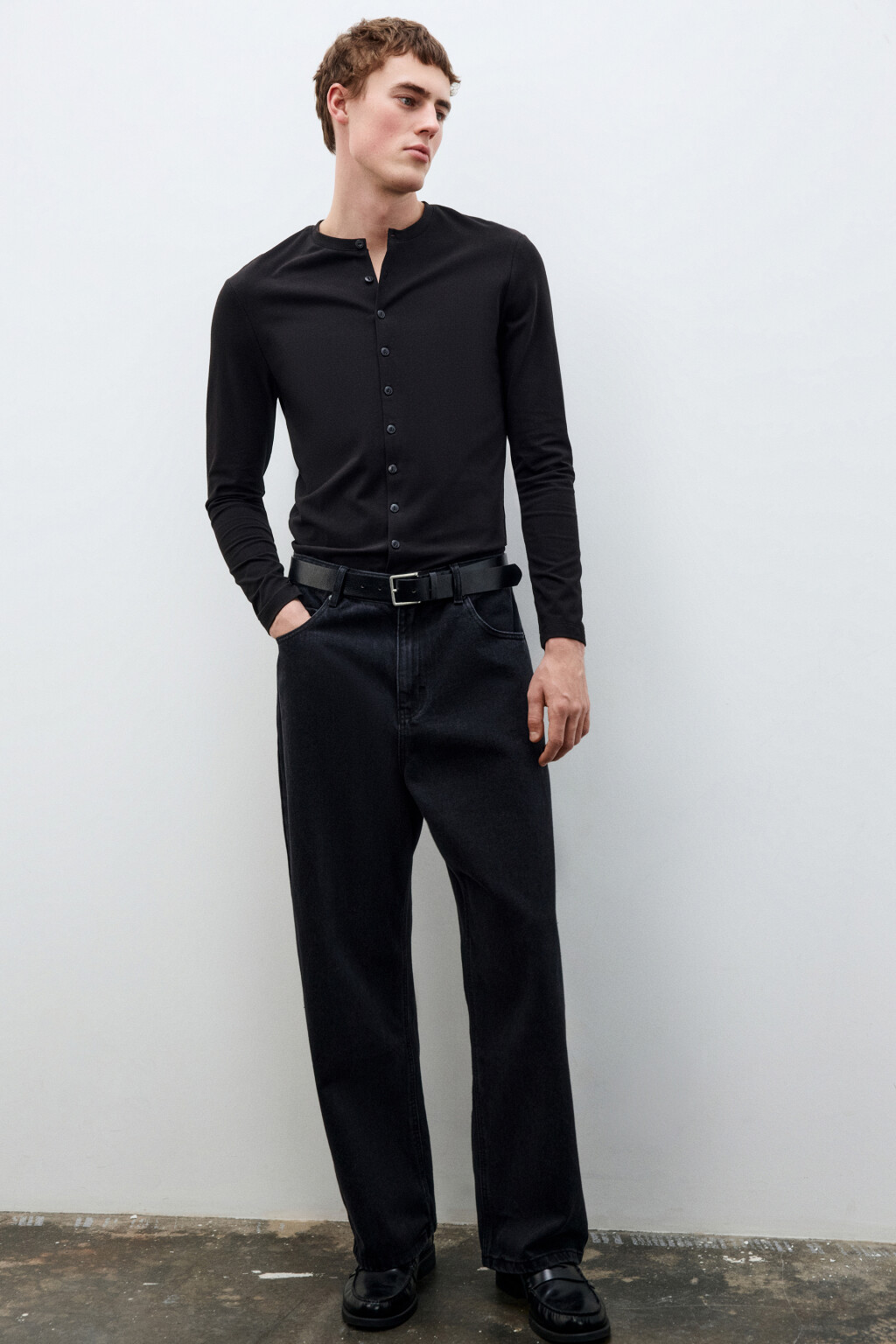 Лонгслив из хлопкового трикотажа на пуговицах - цвет черный - 1