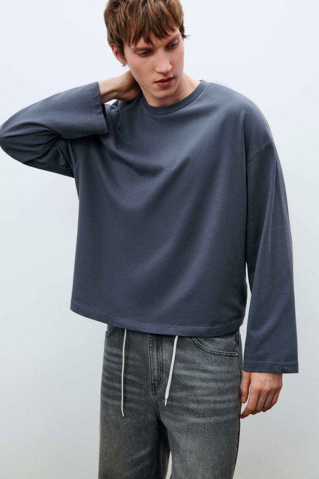 Лонгслив хлопковый базовый - цвет серый - 1