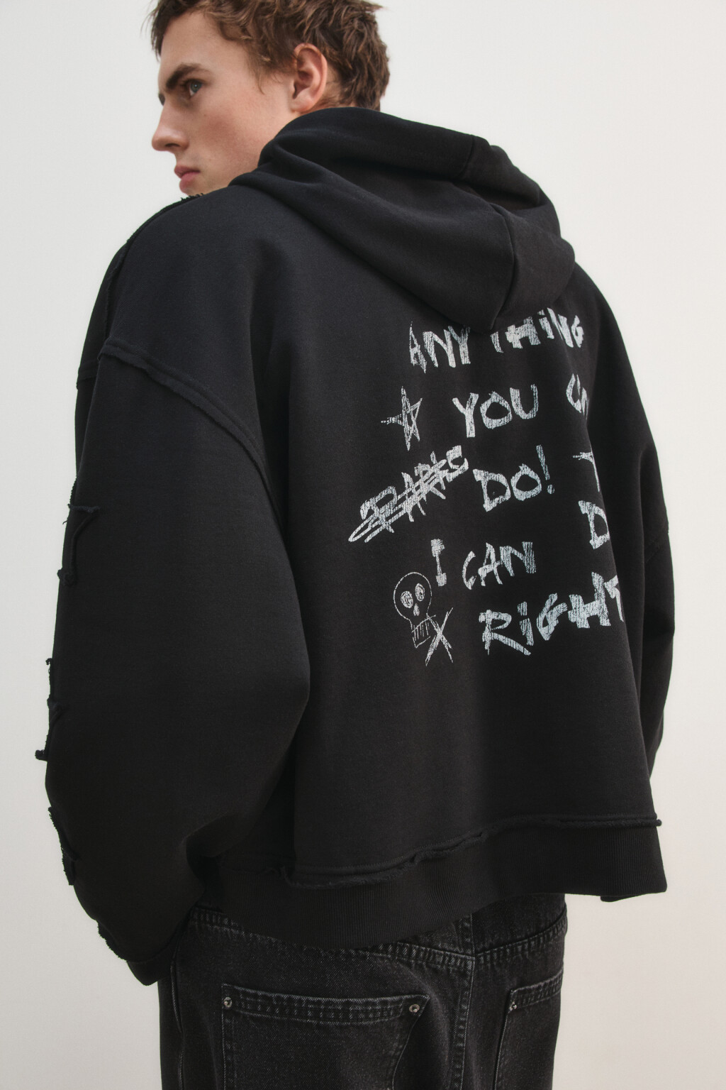 Худи-зипка из футера с принтом на спине - цвет черный - 1
