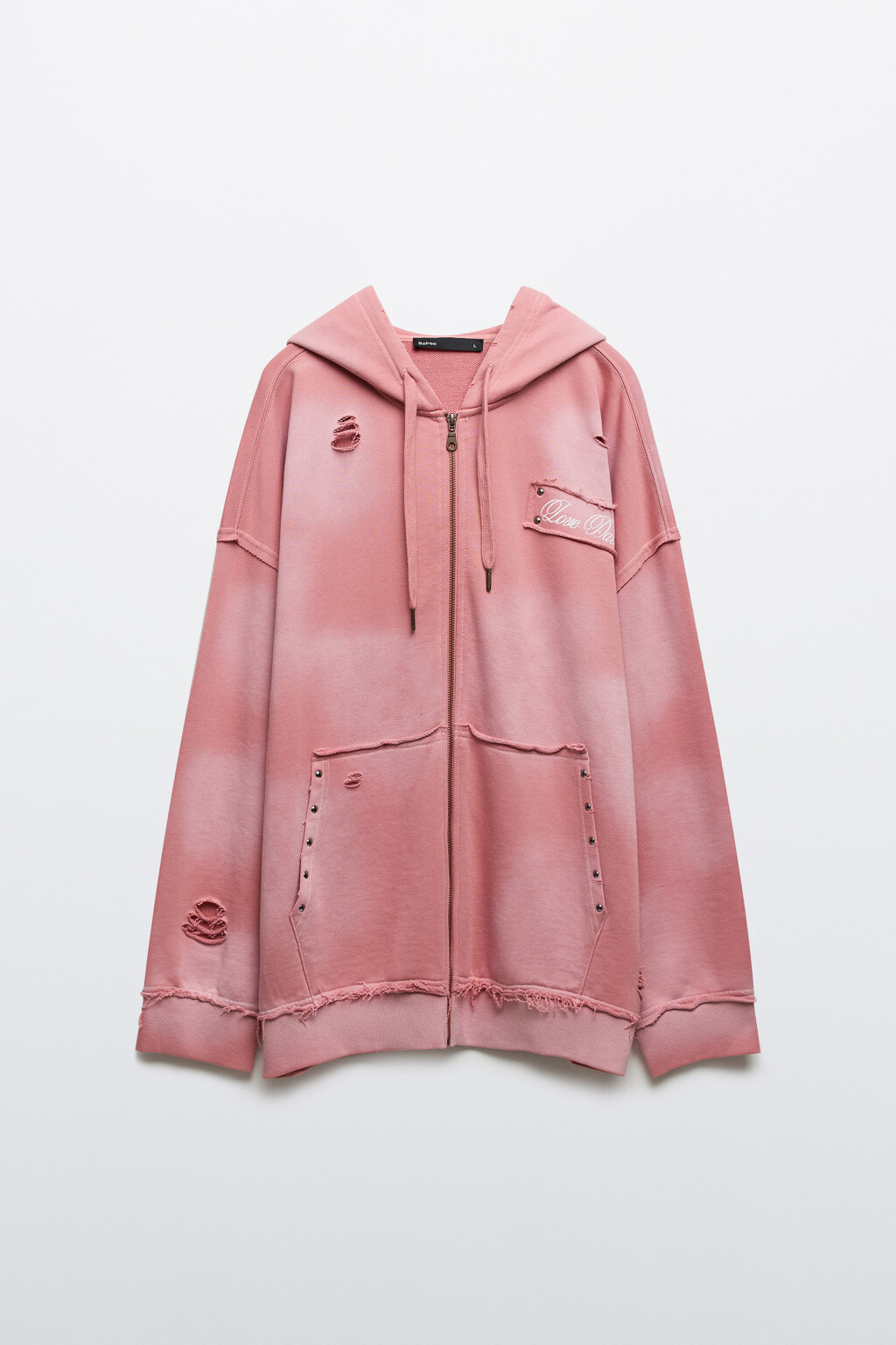 Худи-зипка рваная с вареным эффектом - цвет розовый - 1