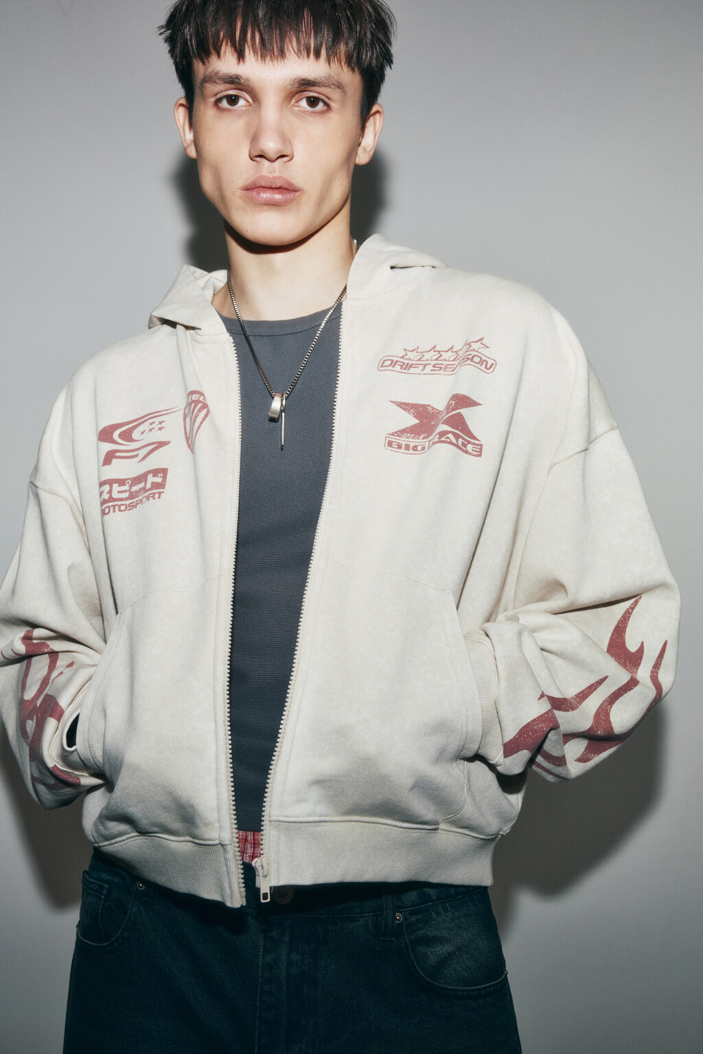 Худи-зипка оверсайз флисовая с принтом - цвет бежевый - 2