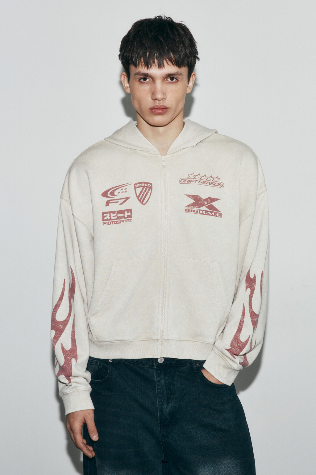 Худи-зипка оверсайз флисовая с принтом - цвет бежевый - 3