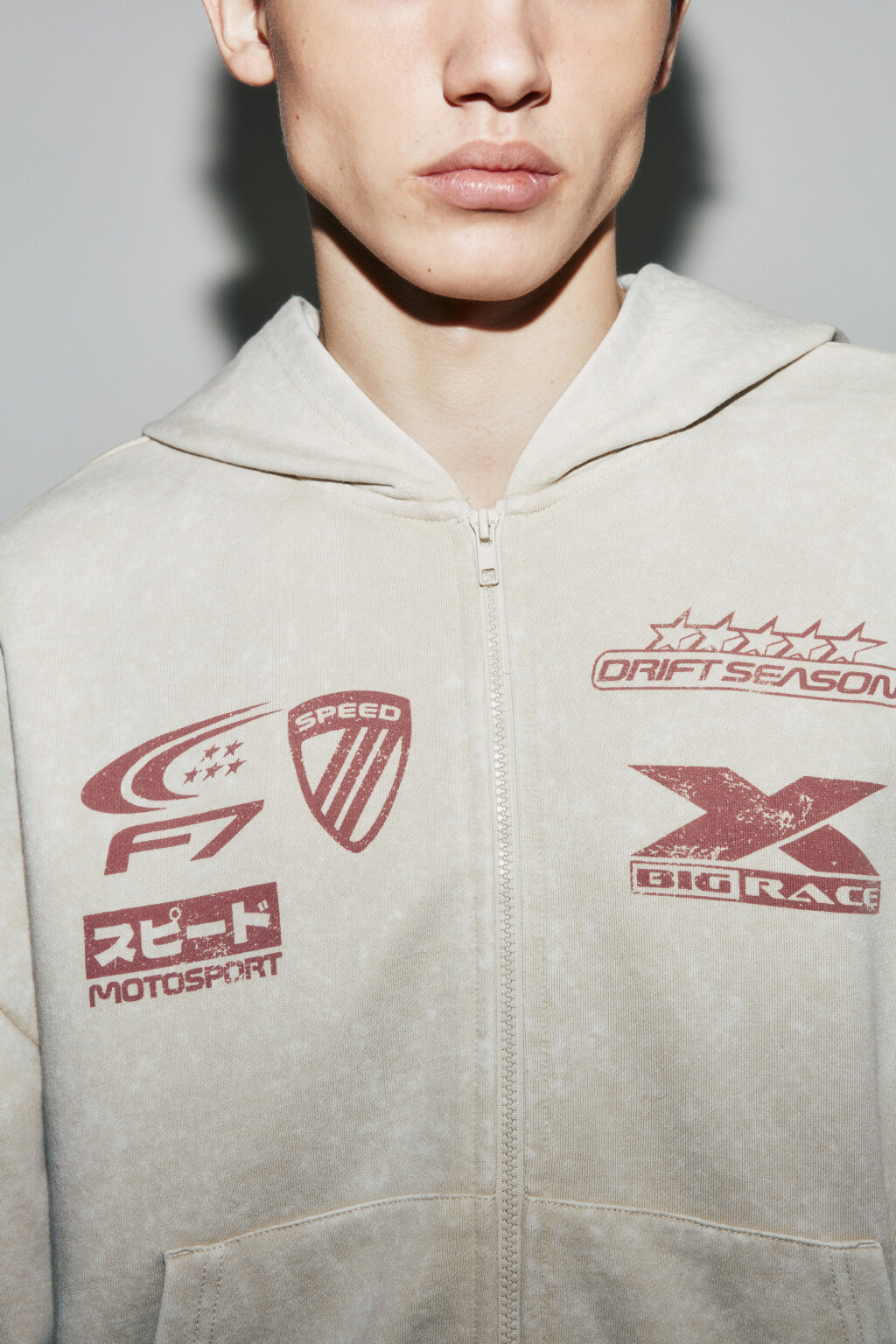 Худи-зипка оверсайз флисовая с принтом - цвет бежевый - 6