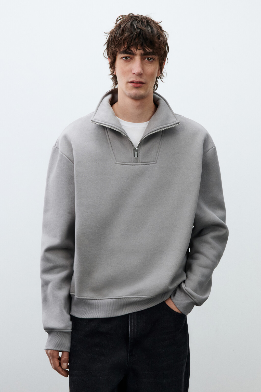 Худи из футера с воротником-стойкой на молнии - цвет серый - 3