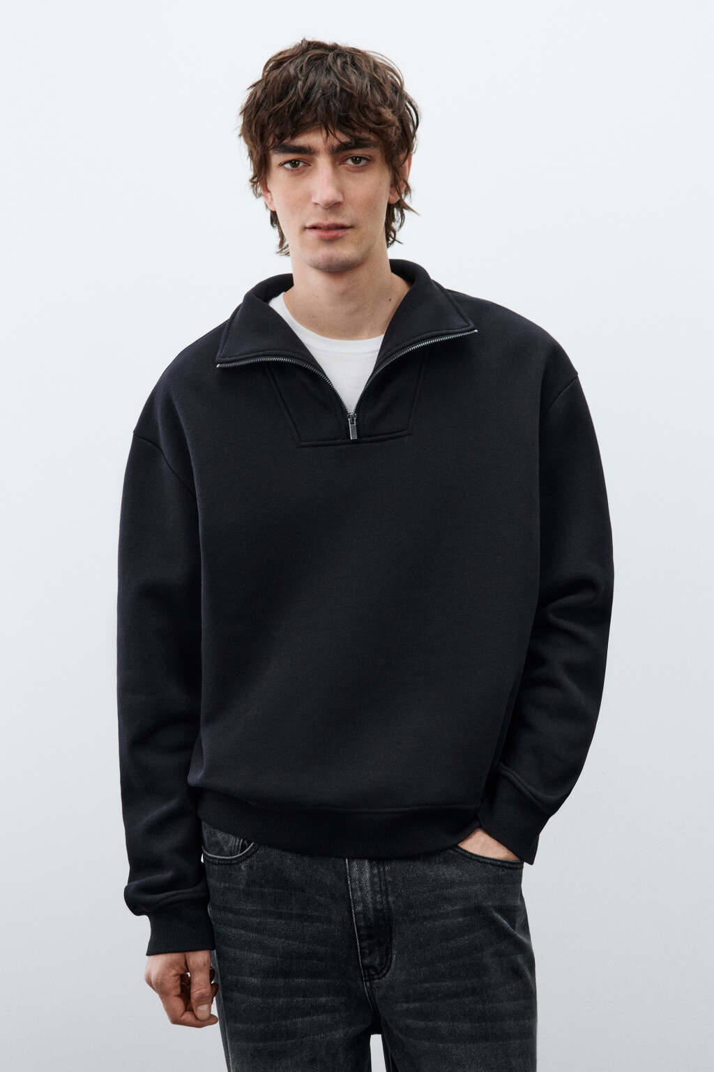 Худи из футера с воротником-стойкой на молнии - цвет черный - 3