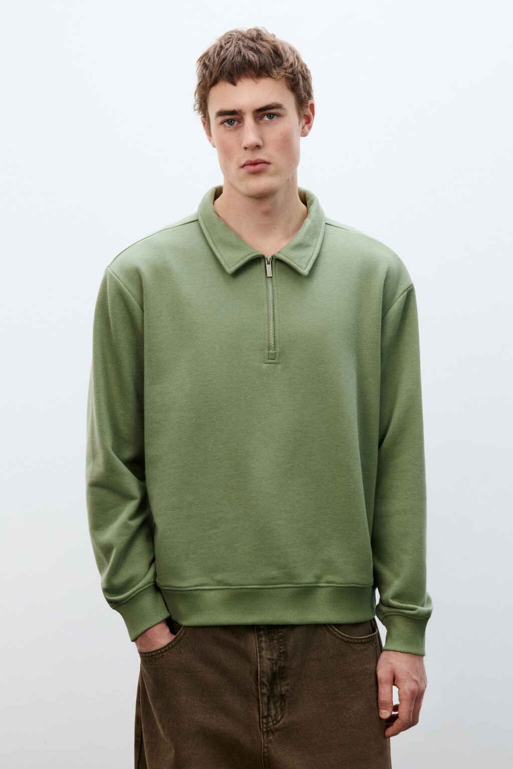 Худи из футера с воротником - цвет зеленый - 3