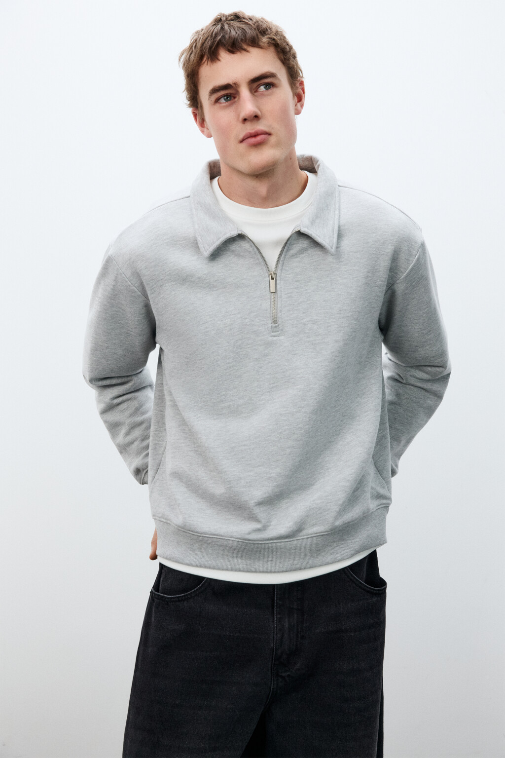 Худи из футера с воротником - цвет серый - 1