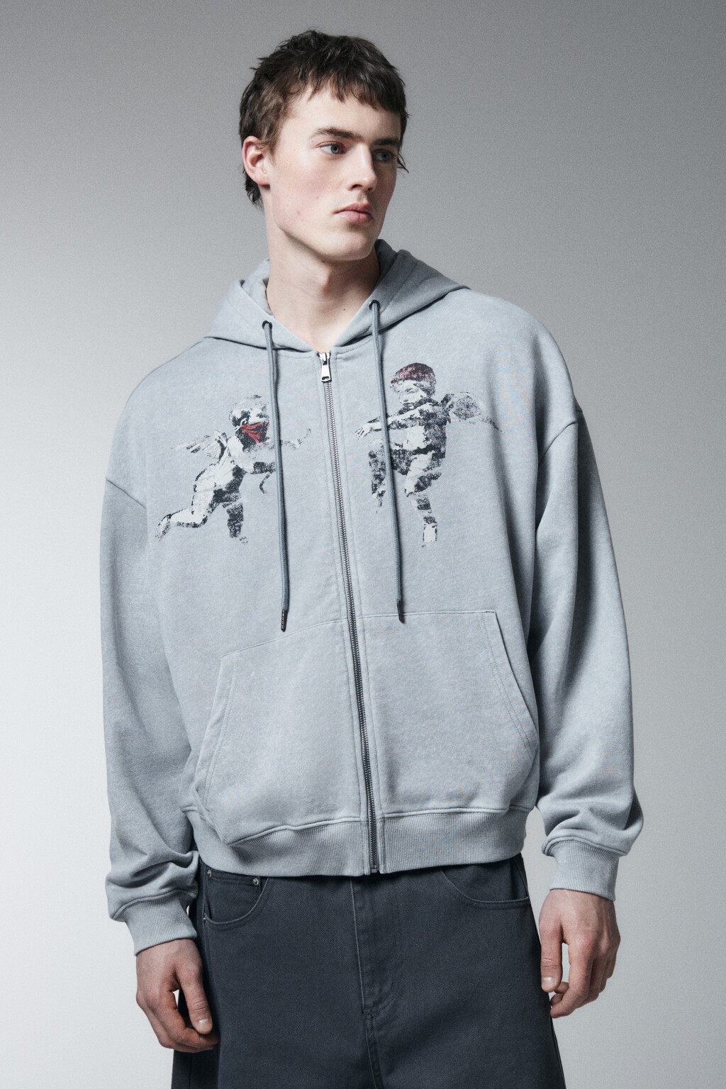 Худи-зипка свободная из футера с принтом - цвет серый - 2