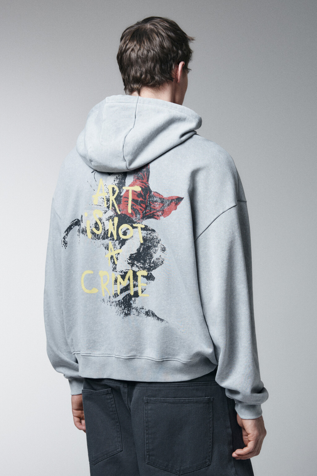 Худи-зипка свободная из футера с принтом - цвет серый - 3