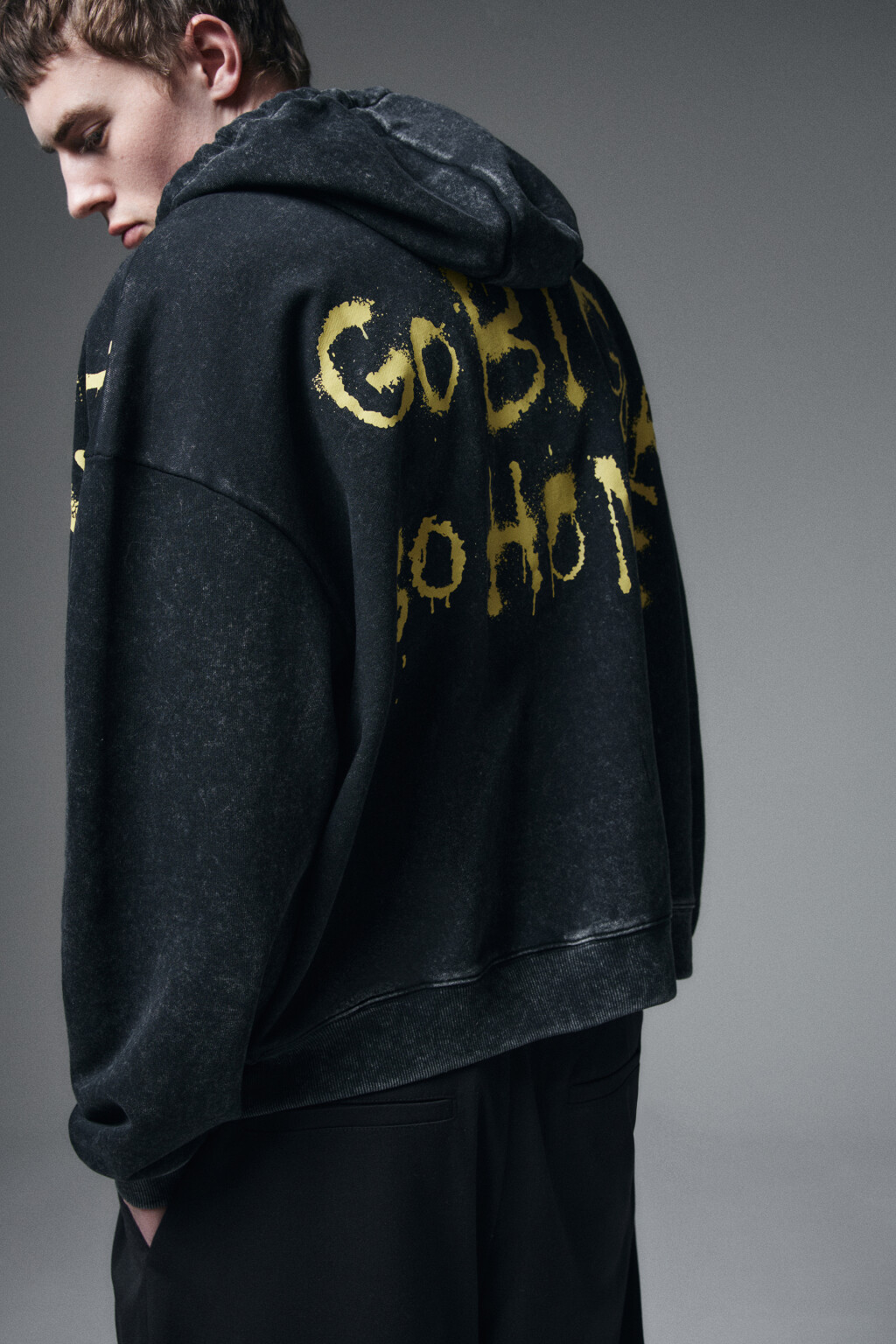 Худи-зипка свободная из футера с принтом - цвет черный - 1