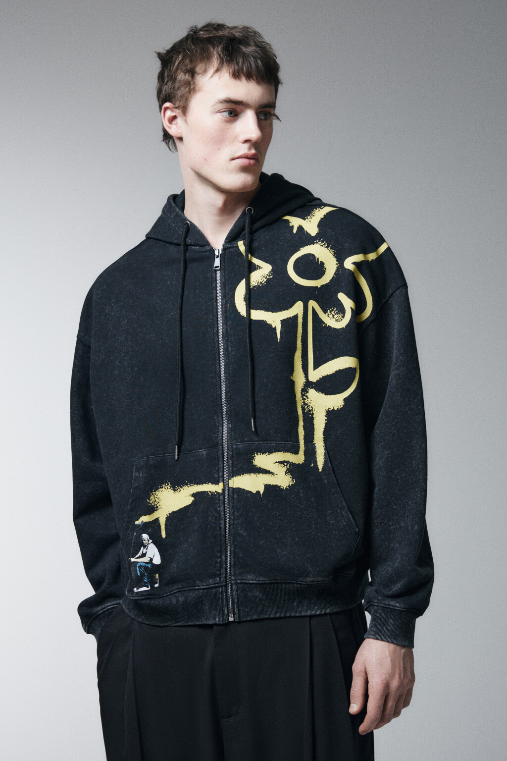 Худи-зипка свободная из футера с принтом - цвет черный - 3