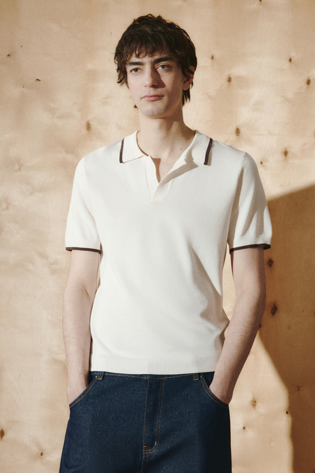 Футболка-поло вязаная с контрастной окантовкой - цвет бежевый - 2