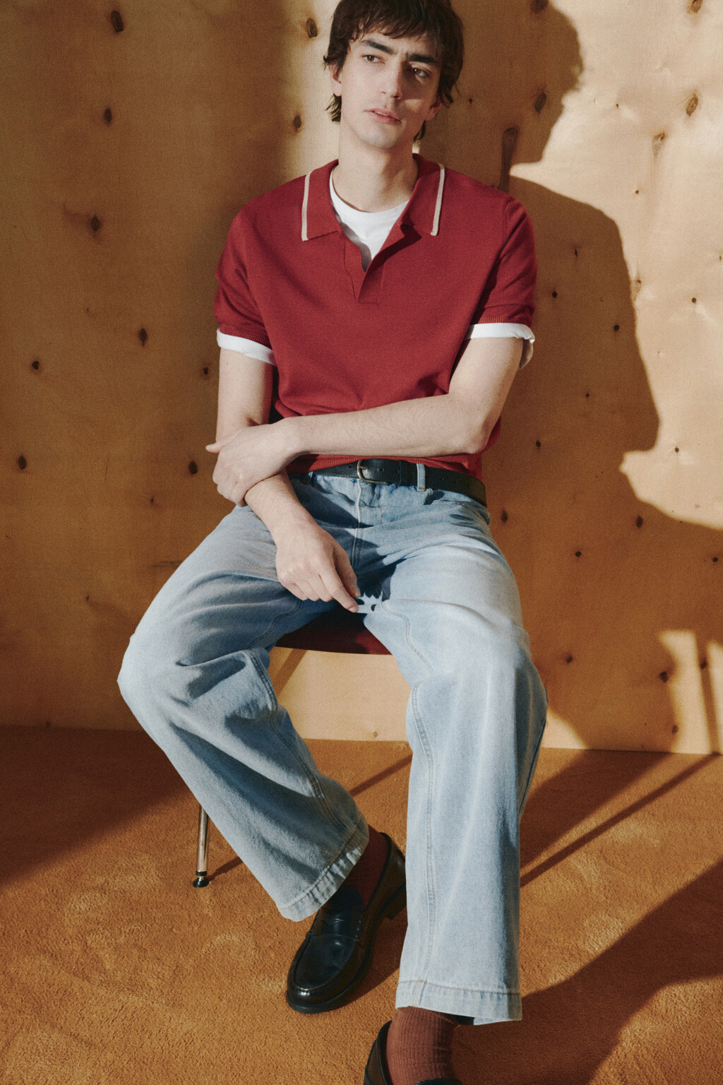 Футболка-поло вязаная с контрастной окантовкой - цвет красный - 1